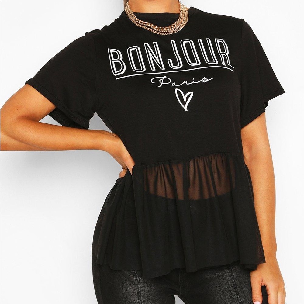 Bonjour Slogan Mesh T-Shirt